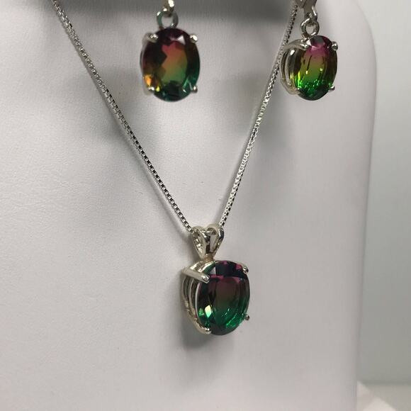 Beautiful Watermelon Tourmaline Quartz Necklace & Earrings Set - Picture 10 of 10